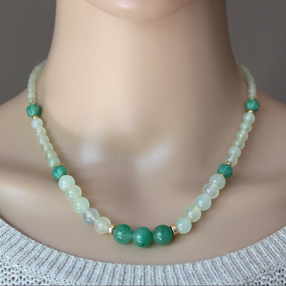 Vintage Jade & Serpentine Beaded Necklace 14K Gold